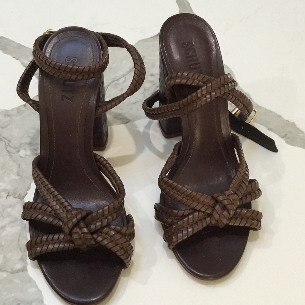 SCHUTZ lLeather Dark Brown Braided Heels size 8